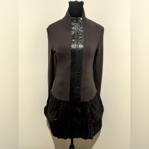 DZHAVAEL COUTURE Black Zip Bubble Hem Garbage Bag Like Fabric Slim Fit Jacket S - Picture 2 of 8